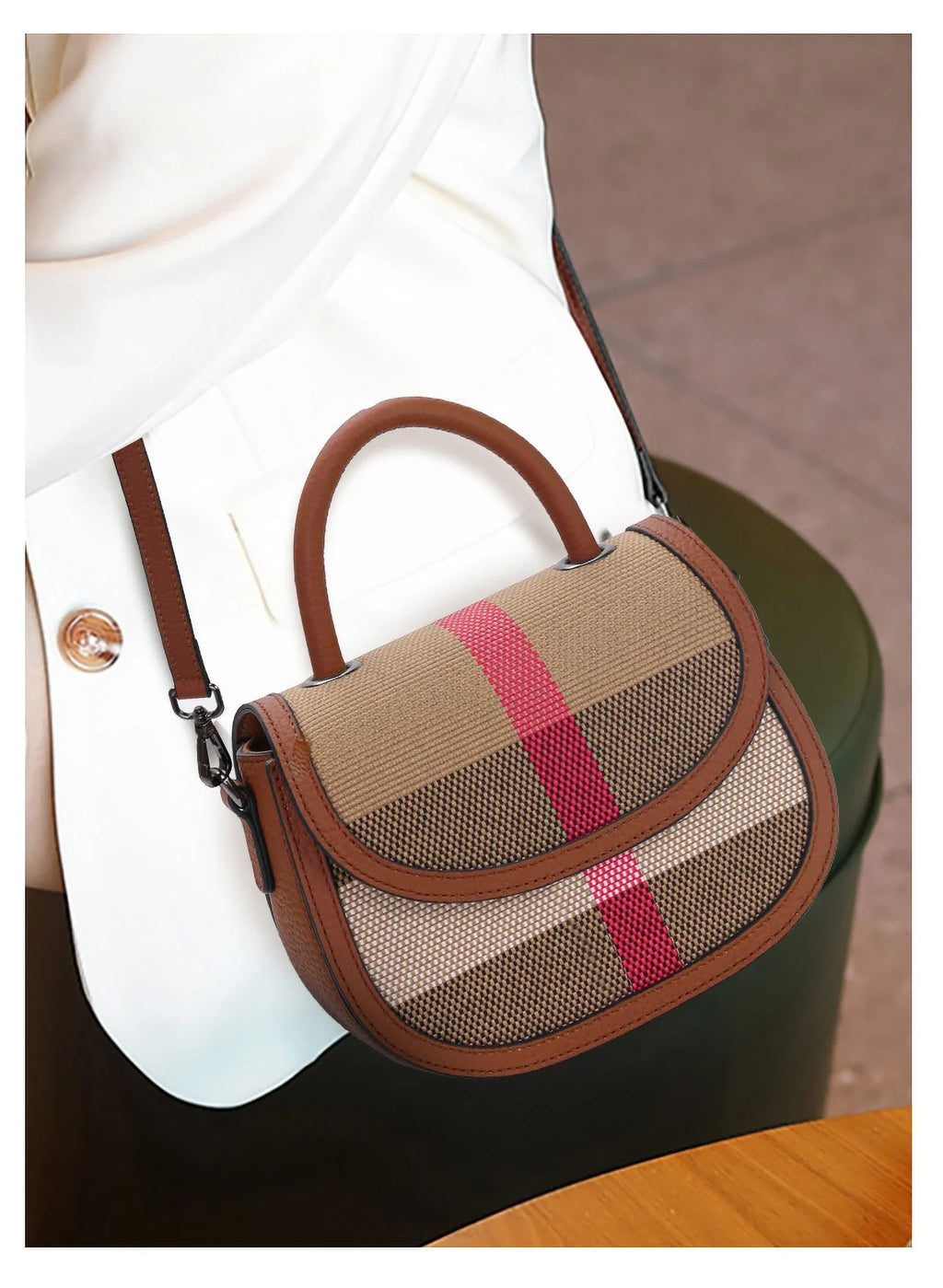 Aidrani New Women's One Shoulder Crossbody Bag Canvas with Cowhide Saddle Bag