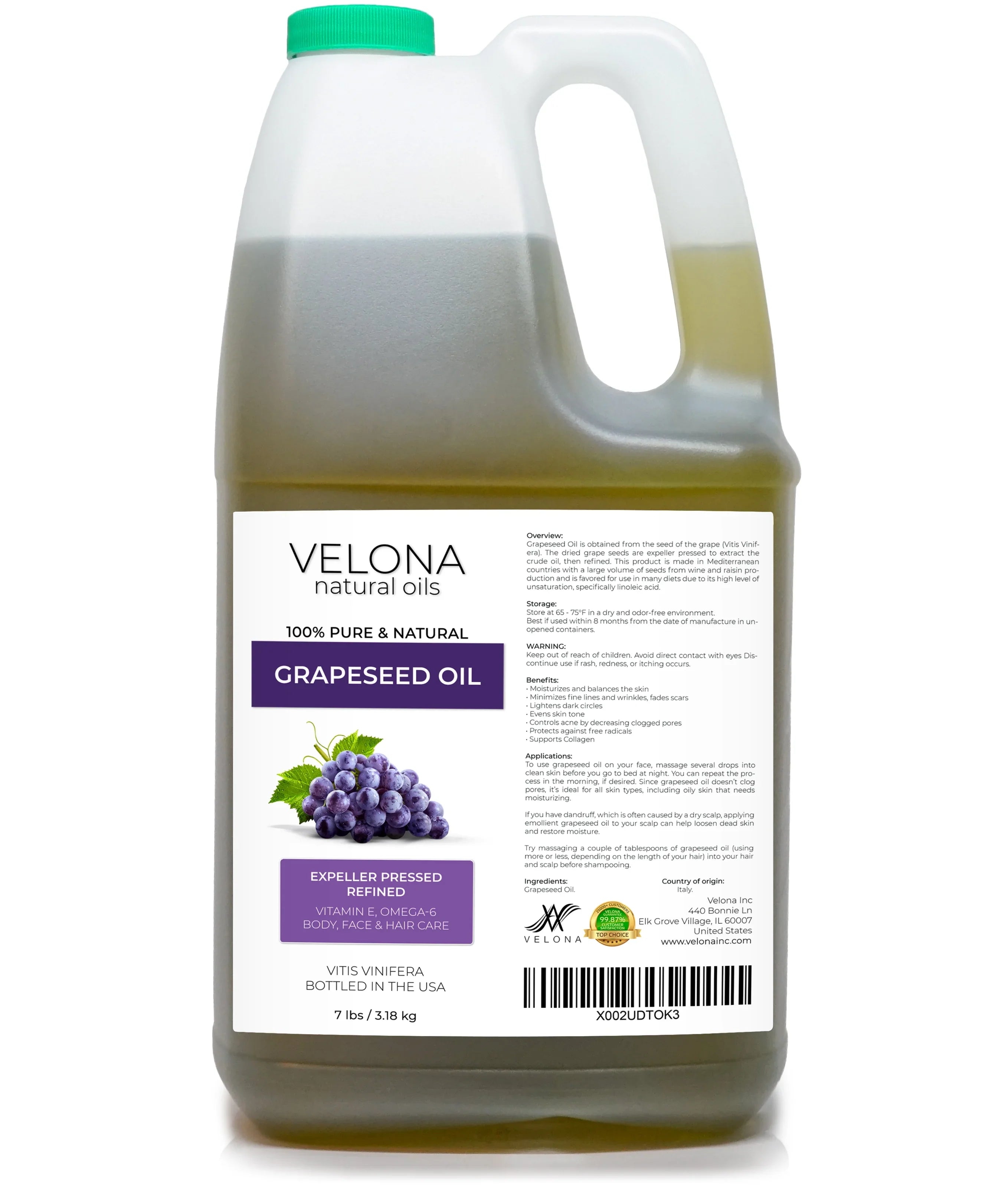 Velona Grapeseed Oil - 64 oz | 100% Pure and Natural Carrier Oil | Refined; Cold pressed | Cooking; Skin; Face; Body; Hair Care