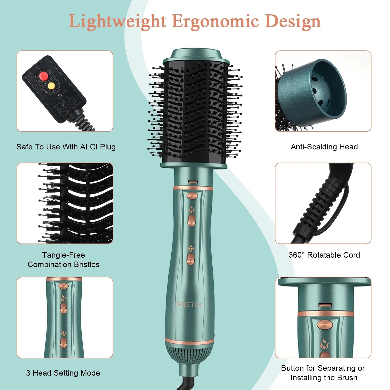 Pretfy Hair Dryer Brush; 5 in 1 Blow Dryer & Volumizer; Negative Ion Detachable Hot Air Brush Set Hair Styler for Straightening/ Drying/ Curling/ Styling