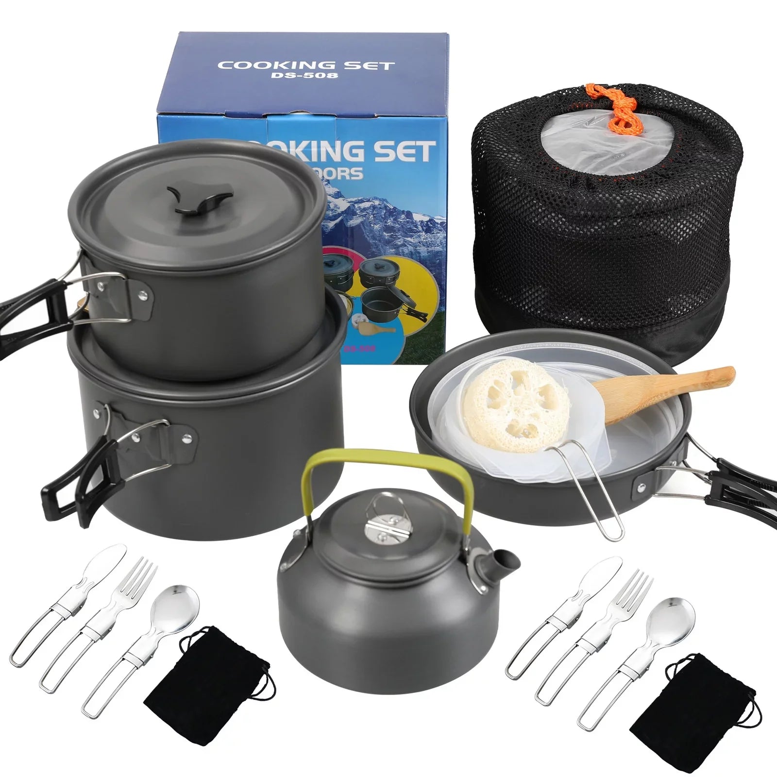 Anself Camping Cookware Mess Kit Non Stick Pot and Pan Set with Kettle for Cooking and Backpacking