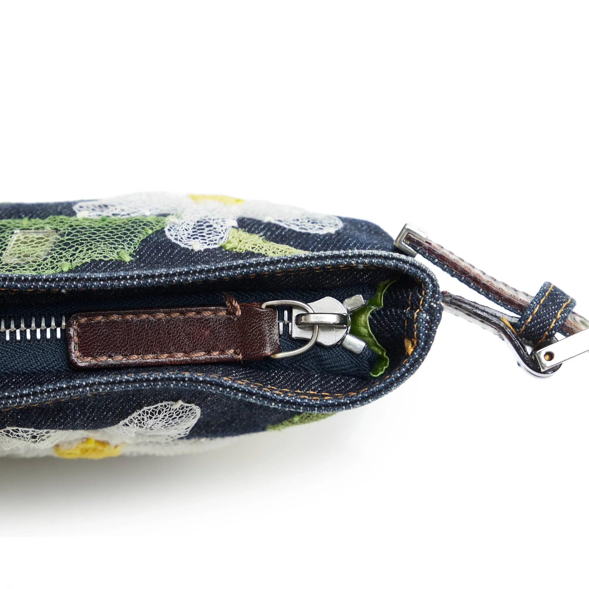 Pre-Owned Authenticated Fendi Embroidered Baguette Denim Fabric Blue Crossbody Bag Unisex (Fair)