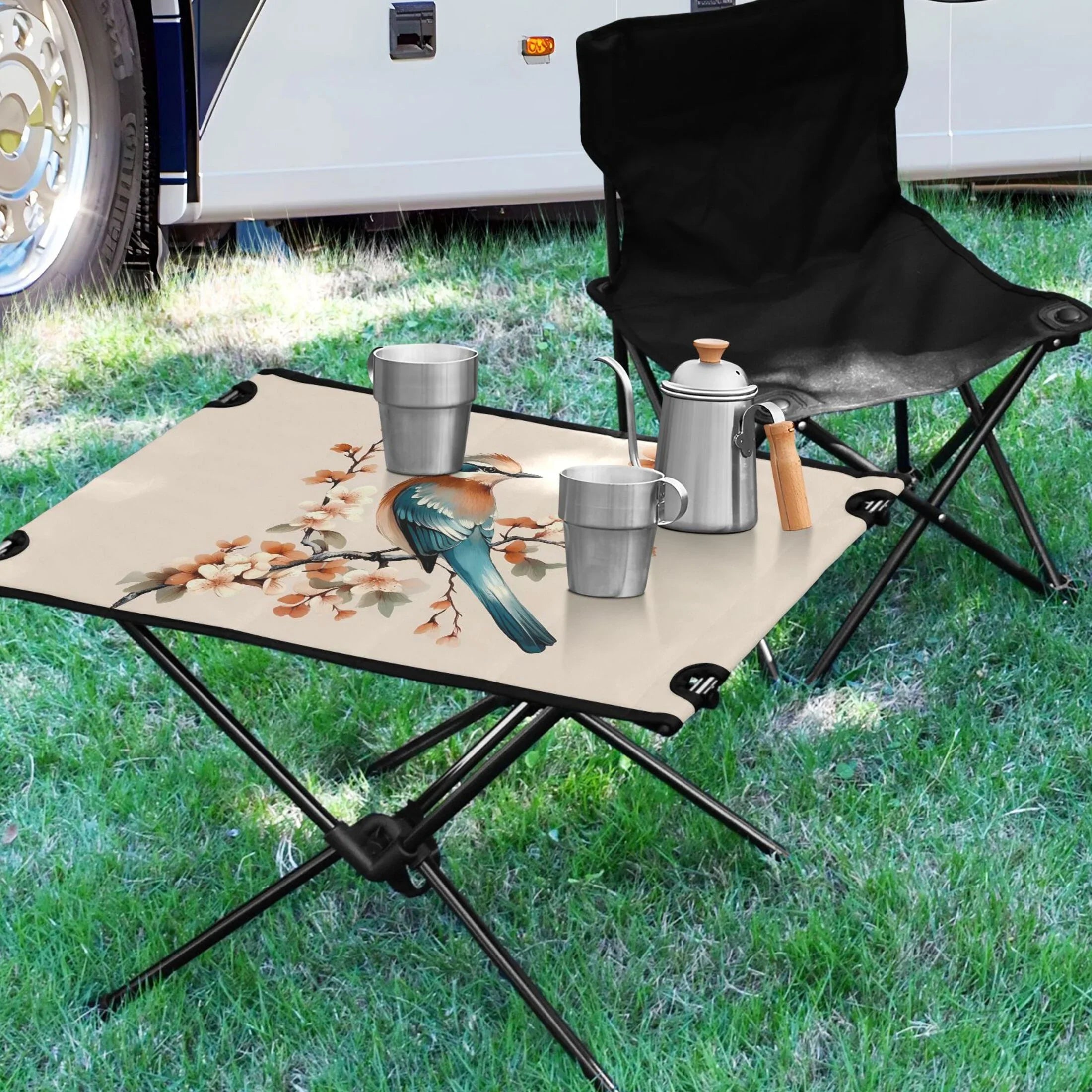 Birds on Flower Branches Camping Folding Table Portable Beach Table with Storage Bag Compact Picnic Table for Outdoor Travel Fishing BBQ