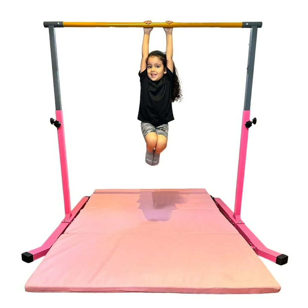 5-Star Gymnastic Kip Bar for Kids; Adjustable 3-5FT; Pink; Heavy-Duty; Home Gym Training Equipment