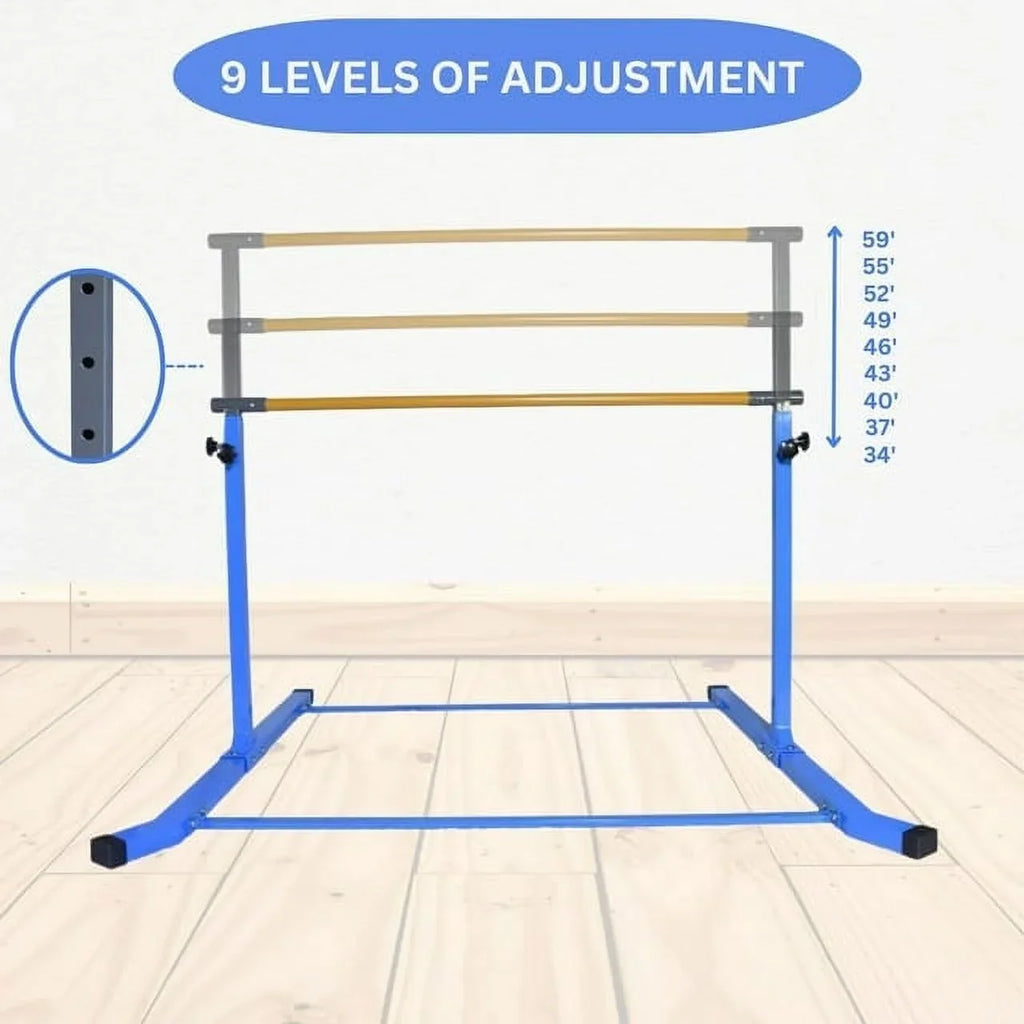 Adjustable Kids Gymnastics Kip Bar; 3-5 FT Height; Robust Legs; Blue - Junior Home Training Equipment