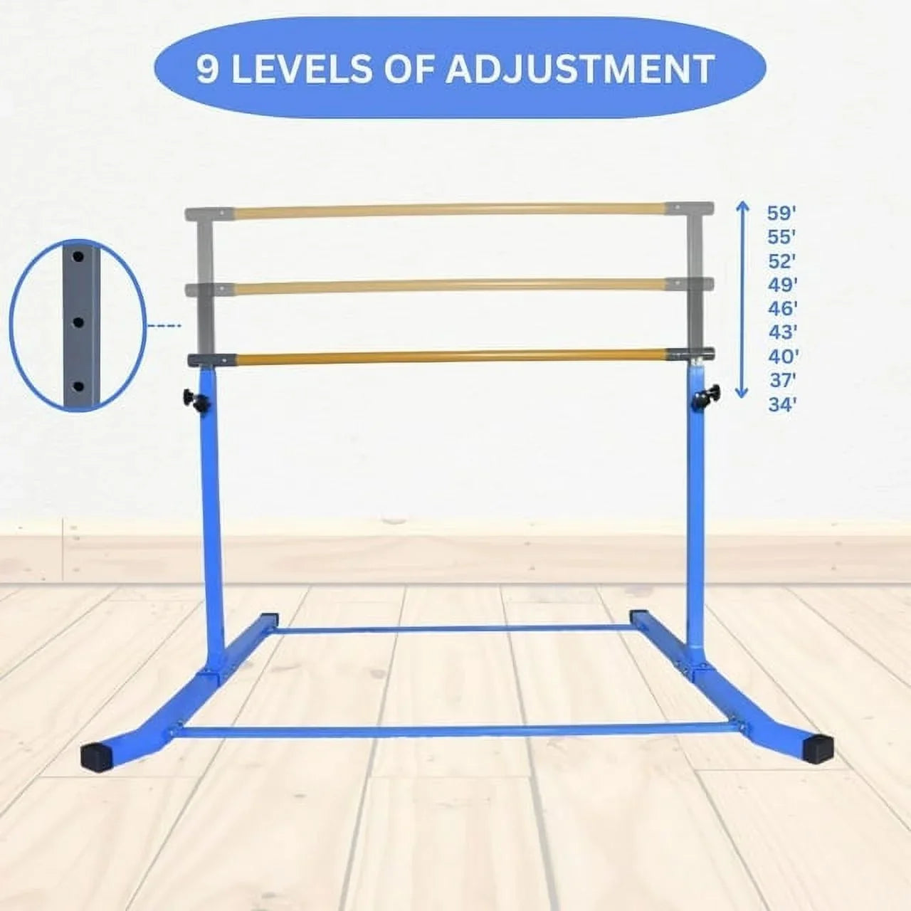 Adjustable Kids Gymnastics Kip Bar; 3-5 FT Height; Robust Legs; Blue - Junior Home Training Equipment