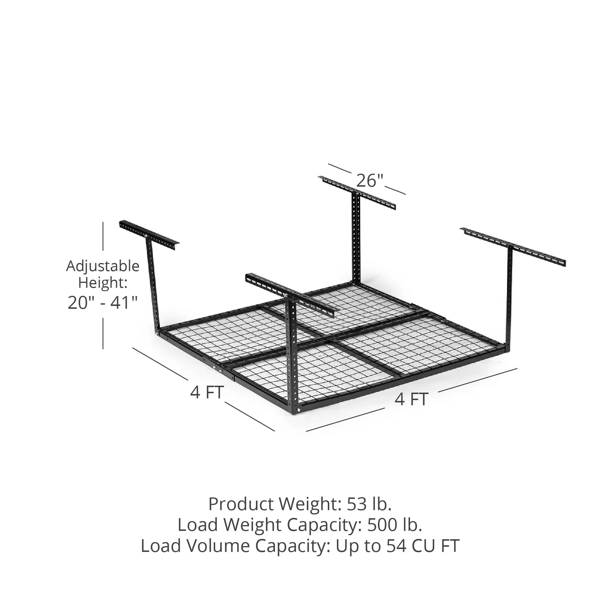 Titan Attachments 4' x 4' Overhead Garage Storage Rack; 20" to 41" Adjustable Height; Ceiling Mount Organization System; Metal Wire Grid with 500 LB Loading Capacity; Storage for Bikes Equipment Bins