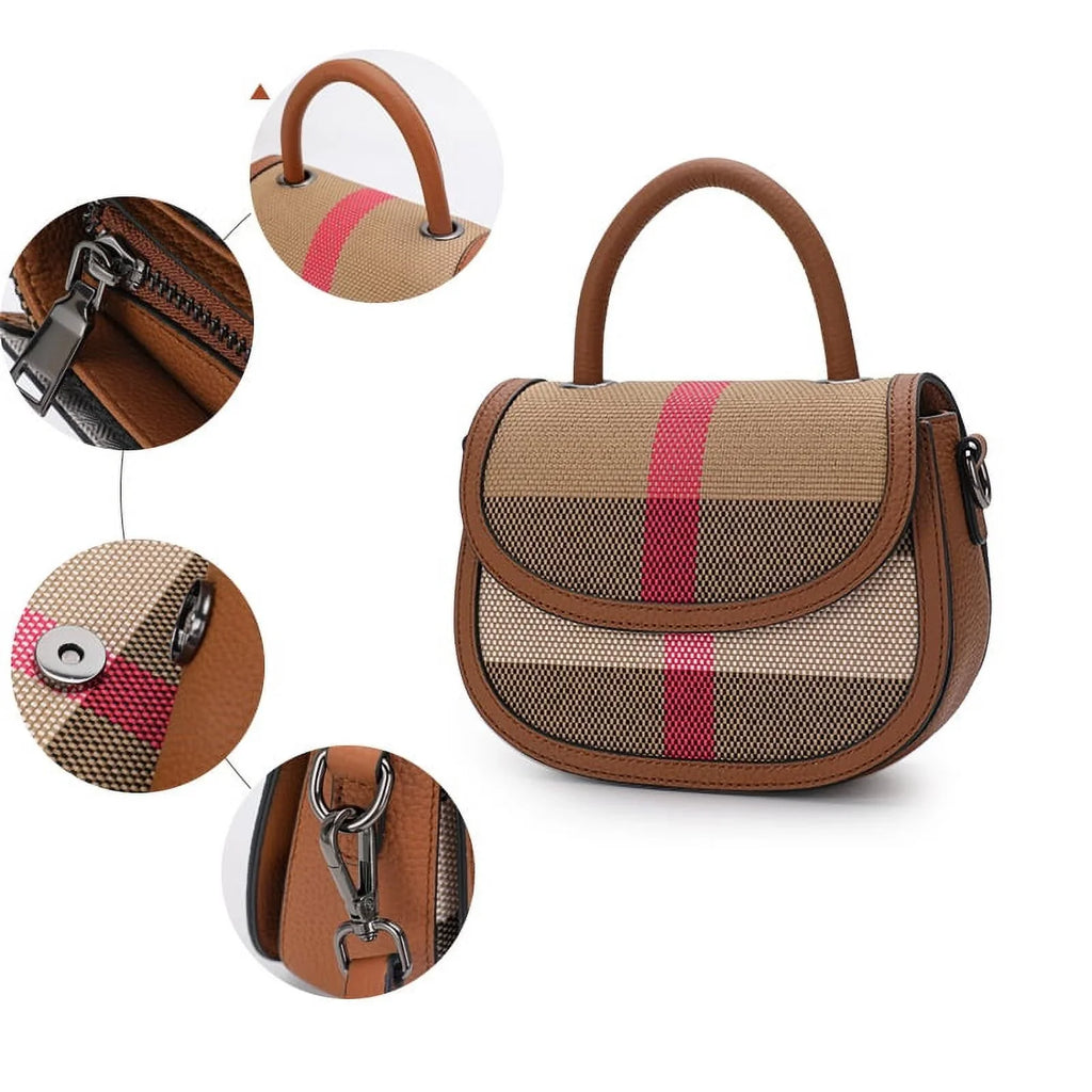 Aidrani New Women's One Shoulder Crossbody Bag Canvas with Cowhide Saddle Bag