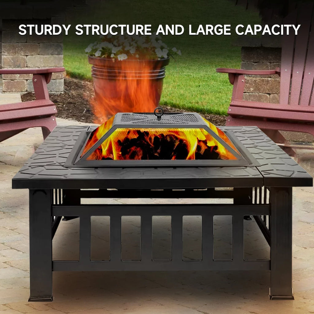 GSE Games & Sports Expert 32" Heavy Duty Square Patio Wood Fire Pit Table with Spark Screen Cover; Log Grate; Liquidproof Cover and Fire Poker for Outdoor Backyard; Garden; Bonfire