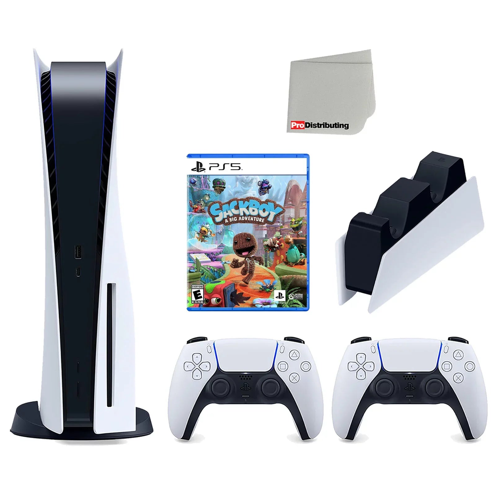 Sony Playstation 5 Disc Version Console with Extra White Controller; DualSense Charging Station and Sackboy: A Big Adventure Bundle with Cleaning Cloth