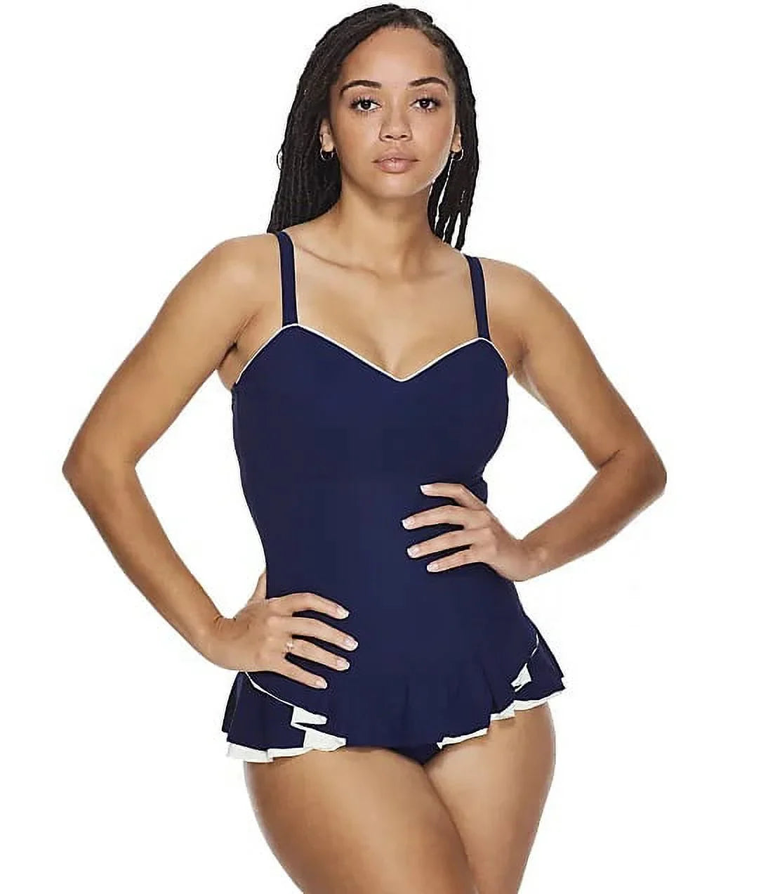 Profile by Gottex NAVY/OFF WHITE Belle Curve Underwire Swimdress; US 12D; UK 14D