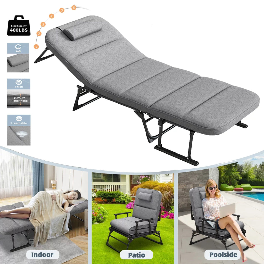 Lilypelle Outdoor Lounge Chair;Folding Bed Cot 6 Levels Adjustable Reclining Deck Chair;71 x 23.6 x 13 inch