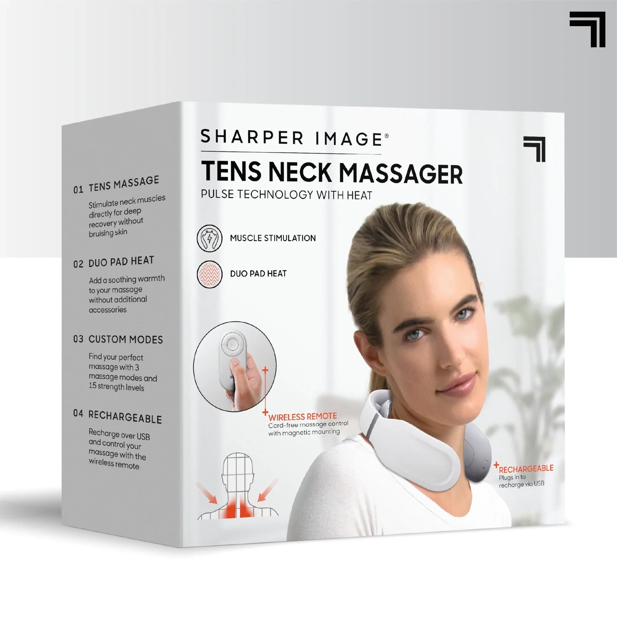 Sharper Image® Neck Tens Muscle Stimulator with Soothing Heat & Wireless Remote; Pain Relief Therapy With 3 Massage Modes & 15 Intensity Levels; USB Rechargeable; 4 Hour Battery Life