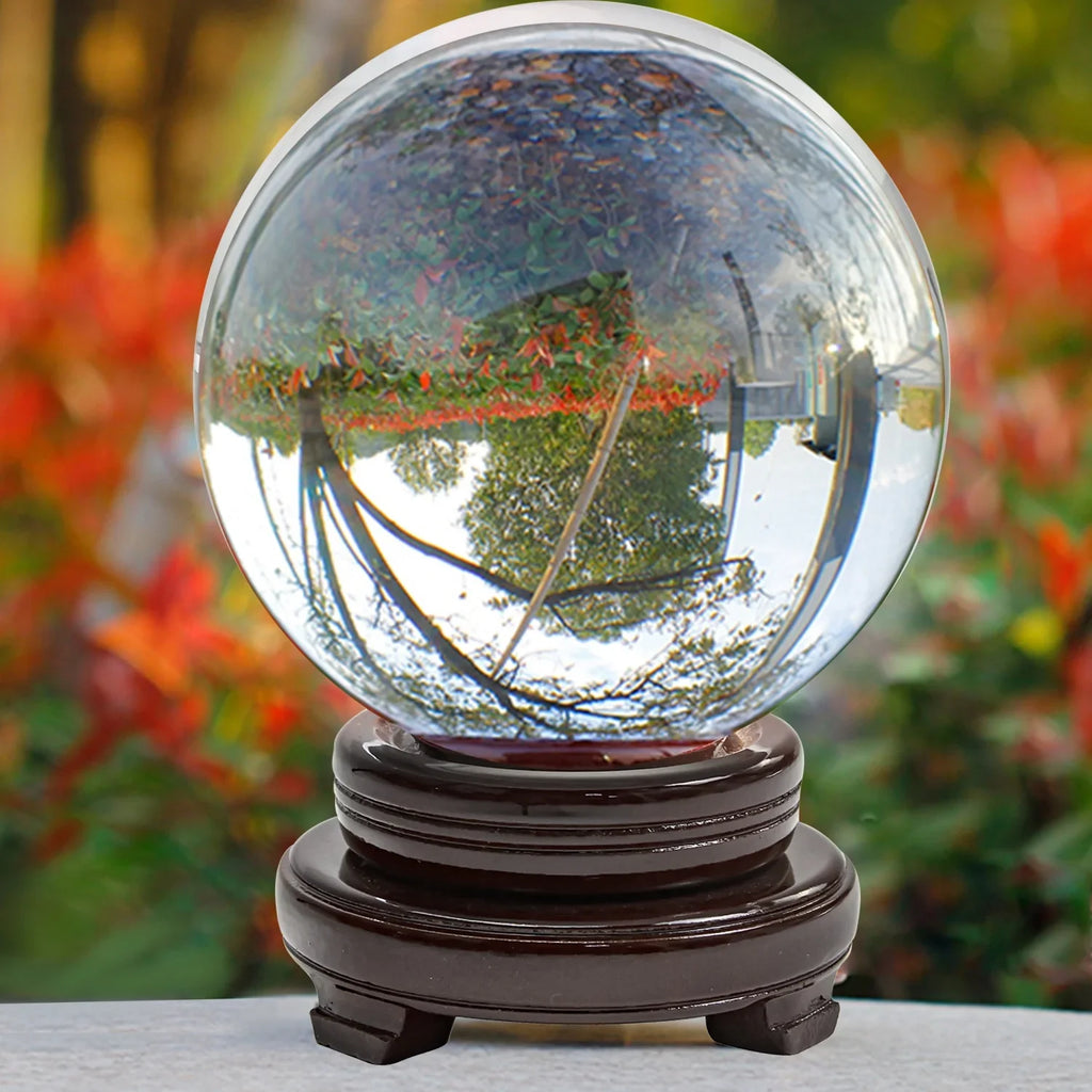bimiti 5.9" Clear Crystal Glass Ball; 150mm Large Glass Marbles Sphere Magic Witch Ball with Wood Stand for Gift