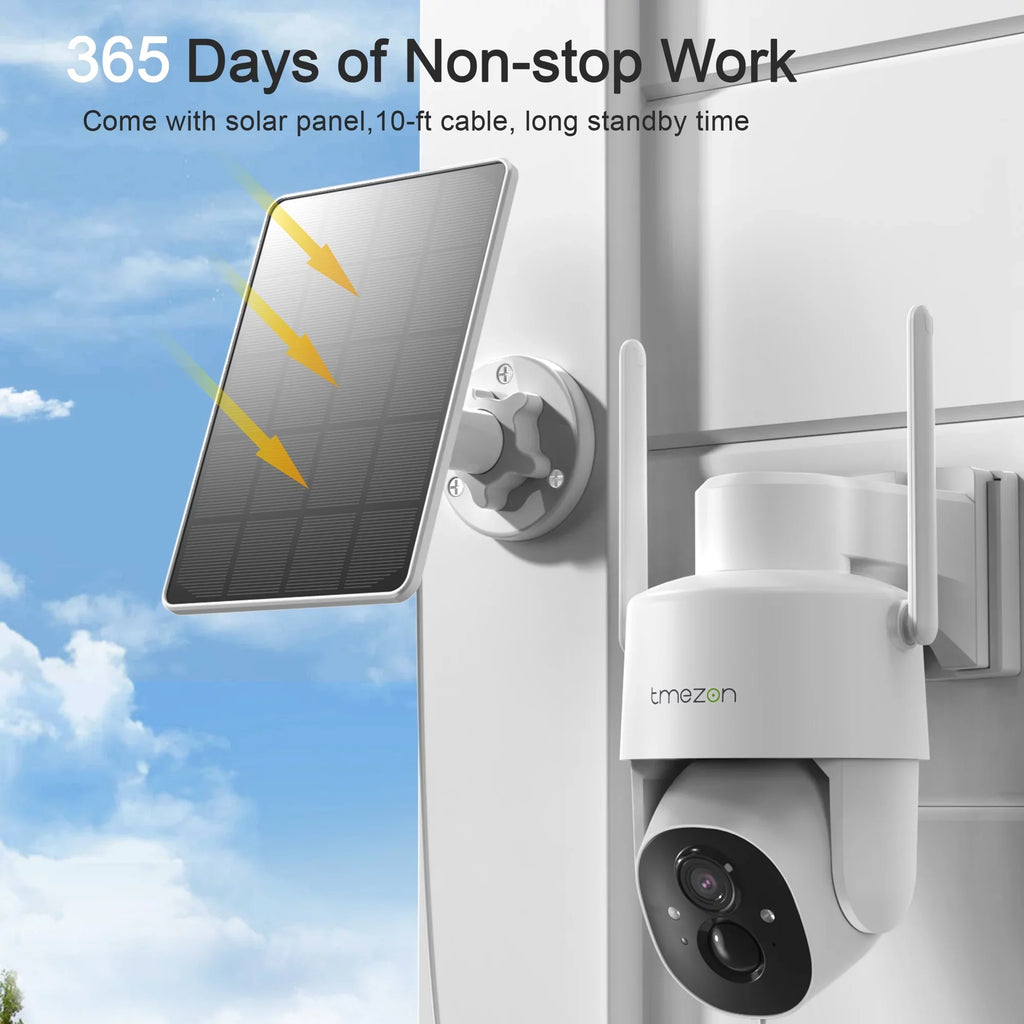 TMEZON Security Camera Outdoor Wireless; 2K Surveillance Camera Wireless Solor Powered for Smart Home ; PTZ WiFi Control; Night Vision;IP66 Liquidproof