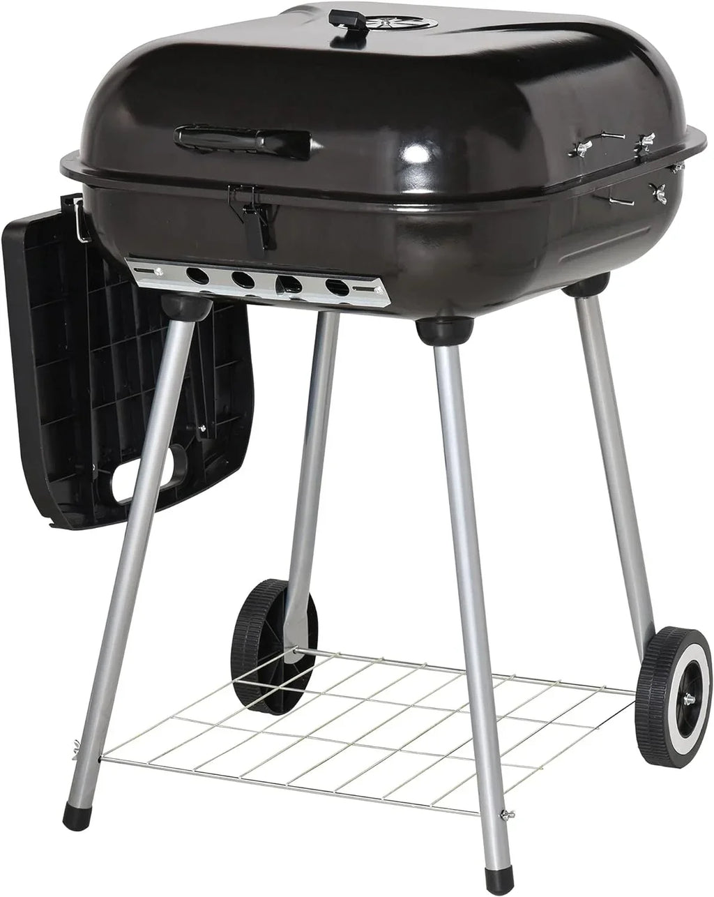Portable Charcoal Grill with Foldable Side Shelf and Bottom Shelf; BBQ Smoker with Wheels and Adjustable Vents on Lid for Picnic Camping Backyard Cooking; Black