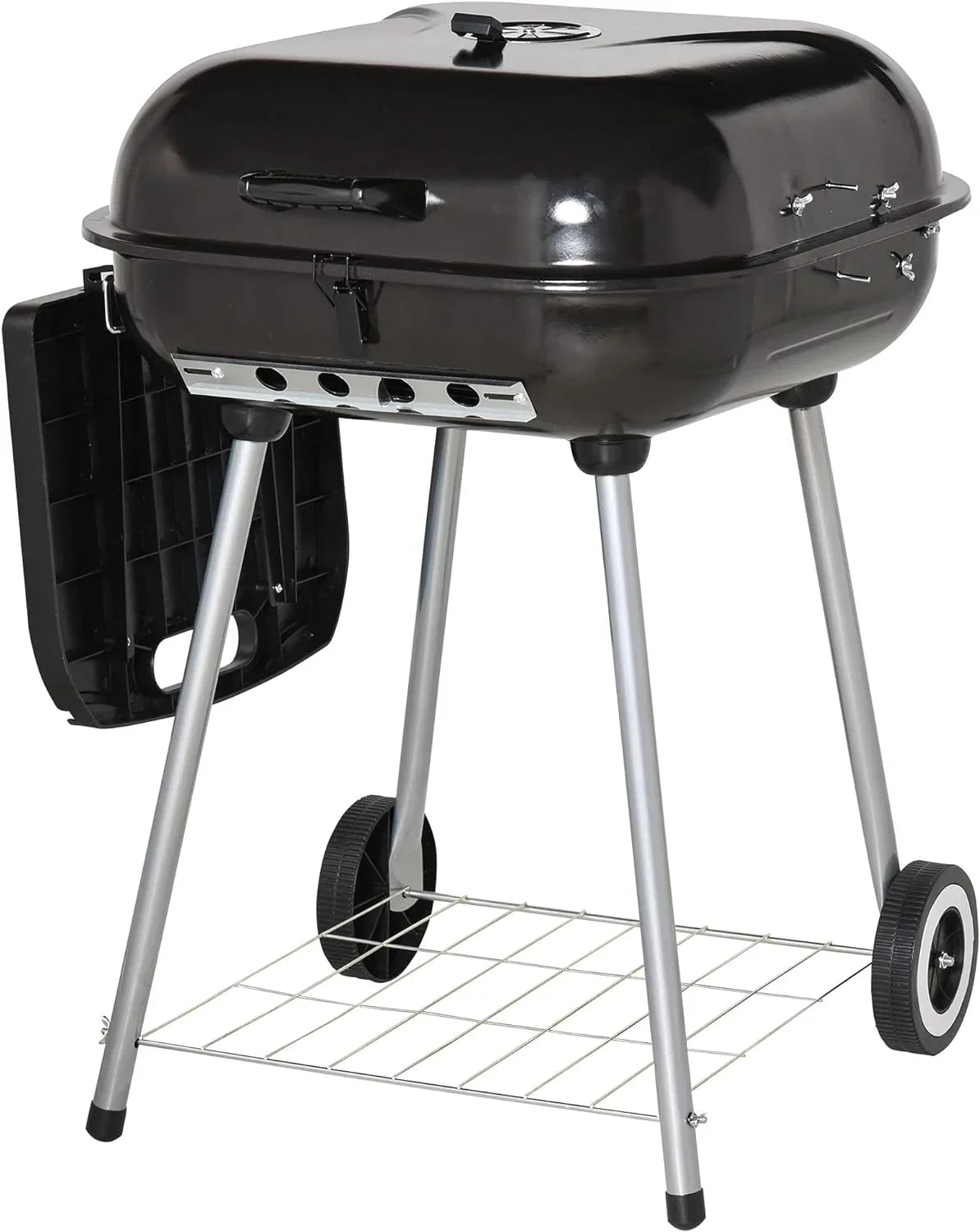 Portable Charcoal Grill with Foldable Side Shelf and Bottom Shelf; BBQ Smoker with Wheels and Adjustable Vents on Lid for Picnic Camping Backyard Cooking; Black
