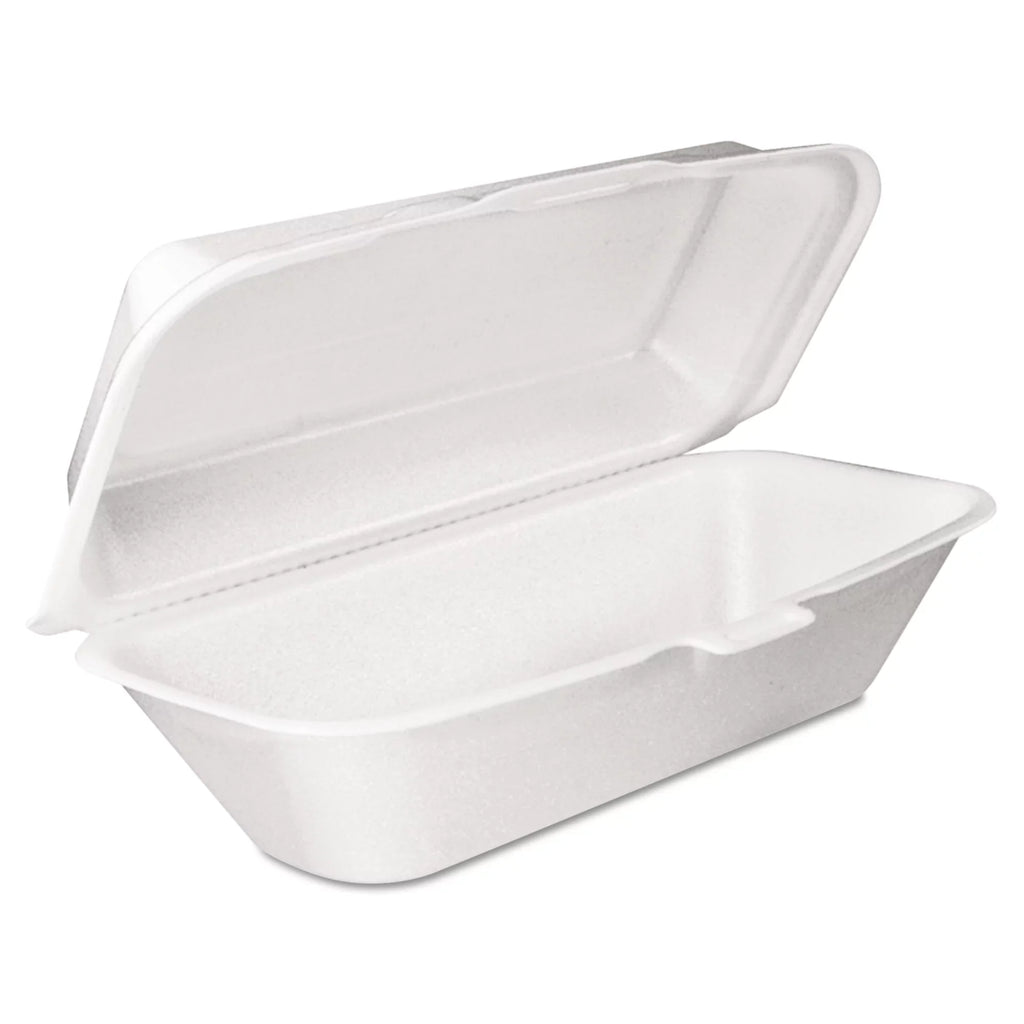 Dart Foam Hinged Lid Container; Hoagie Container with Removable Lid; 5.3 x 9.8 x 3.3; White; 125/Bag; 4 Bags/Carton -DCC99HT1R