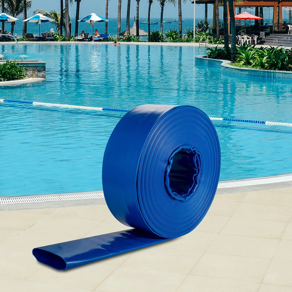 VEVOR Discharge Hose; 1-12" x 105'; Fabric Lay Flat Hose; Heavy Duty Backwash Drain Hose with Clamps; Weather-proof & Burst-proof; Ideal for Swimming Pool & Transfer; Blue