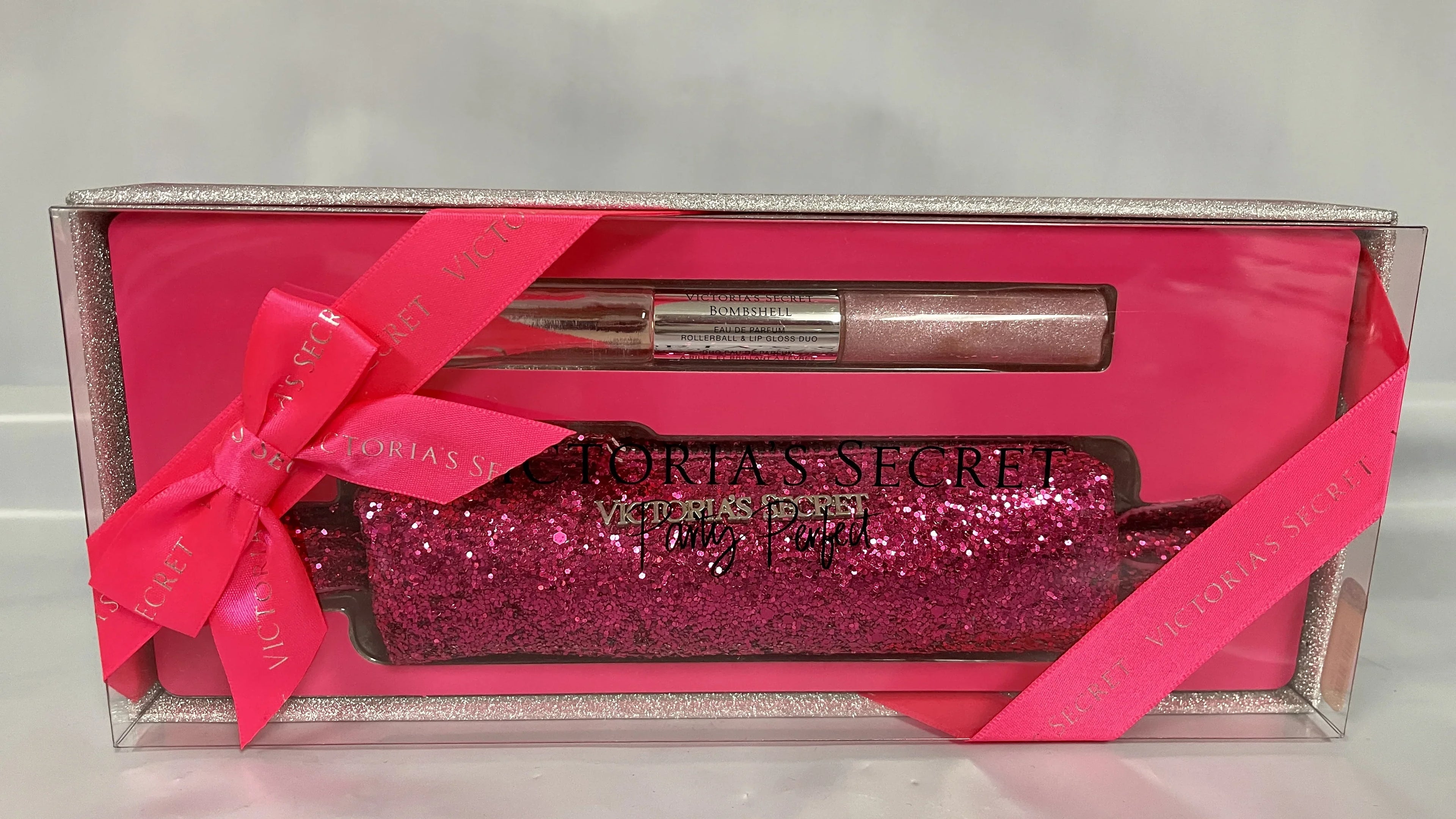 Victoria's Secret Bombshell Rollerball and Lip Gloss Duo & Glitter Bag Party Set Pink Sparkle Bag Gift Set