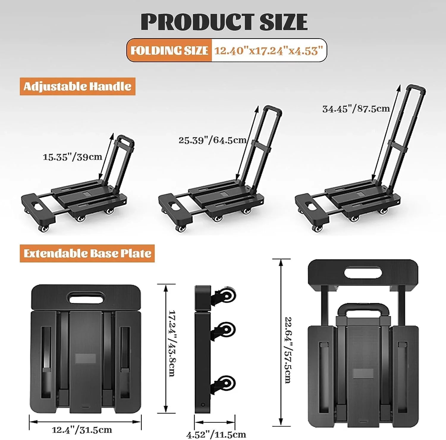 Folding Hand Truck; Small Trolley Portable 500 LB Capacity; Fold Up Hand Cart with 6 Wheels & Extendable Base; Collapsible Platform Truck for Moving; Office & Shopping; Black