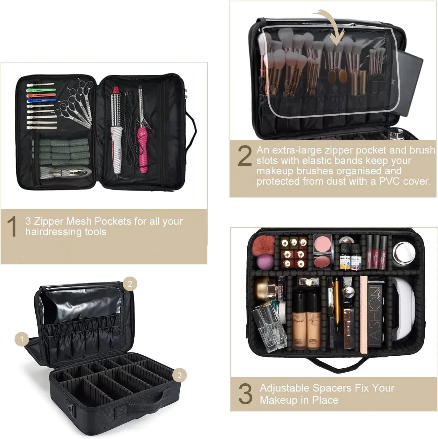Extra Large Travel Makeup Bag Cosmetic Case Organizer Beauty Train Case with Shoulder Strap and Dividers Compartment; Black