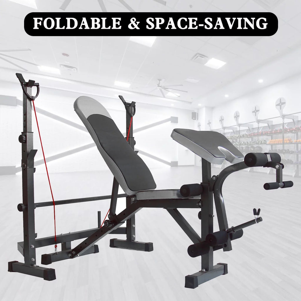 US Stock Body Champ Olympic Weight Bench; Workout Equipment for Home Workouts; Bench Press with Preacher Curl; Leg Developer and Crunch Handle for At Home Workouts