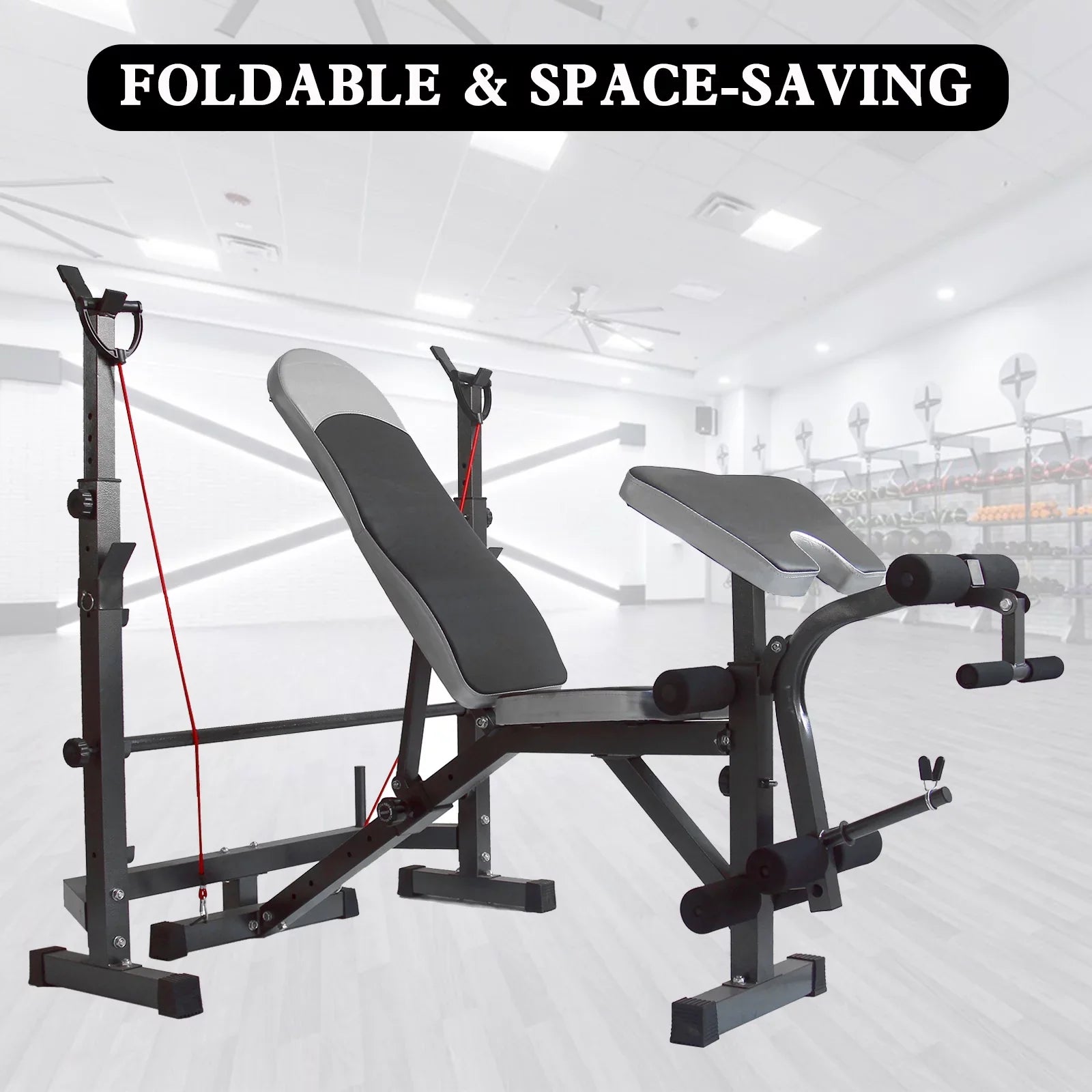 US Stock Body Champ Olympic Weight Bench; Workout Equipment for Home Workouts; Bench Press with Preacher Curl; Leg Developer and Crunch Handle for At Home Workouts