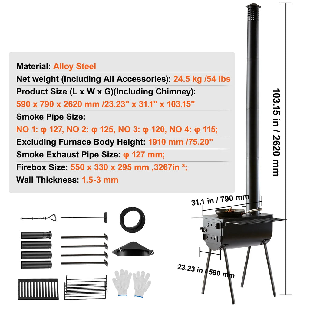 Portable Wood Stove Camping Hot Tent BBQ Stove 118 in for Outdoor w/ Hoses