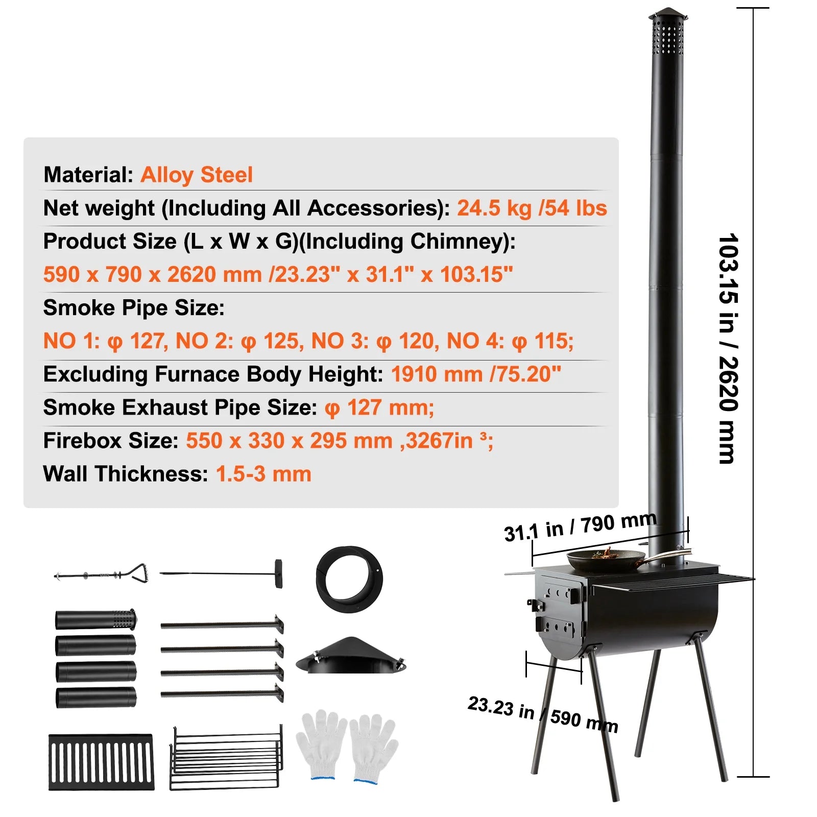 Portable Wood Stove Camping Hot Tent BBQ Stove 118 in for Outdoor w/ Hoses
