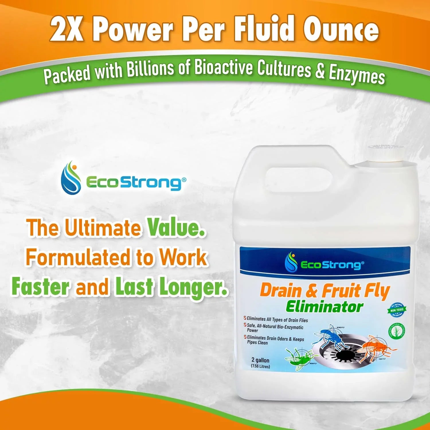 Fruit Fly Drain Treatment; Drain Fly Eliminator; Eliminates Gnats; Sewer Flies With EcoStrong - 2 Gallon