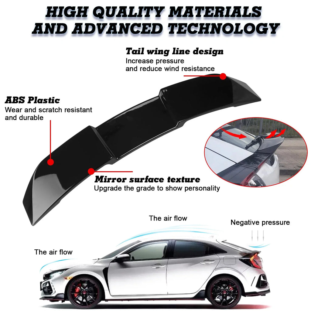 Xotic Tech 1pc Glossy Black V-Style ABS Plastic Duckbill Trunk Spoiler Molding Trim Compatible with Honda Civic Hatchback 2017-2021