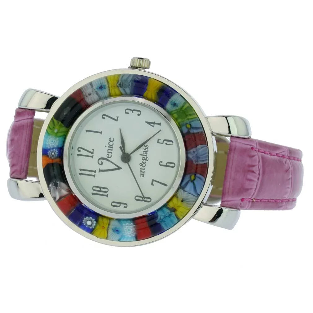 GlassOfVenice Serena Murano Millefiori Watch With Leather Band - Purple
