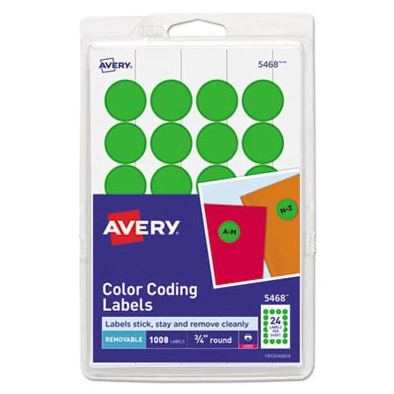 2PK Avery Printable Self-Adhesive Removable Color-Coding Labels; 0.75" dia; Neon Green; 24/Sheet; 42 Sheets/Pack; (5468) (05468)