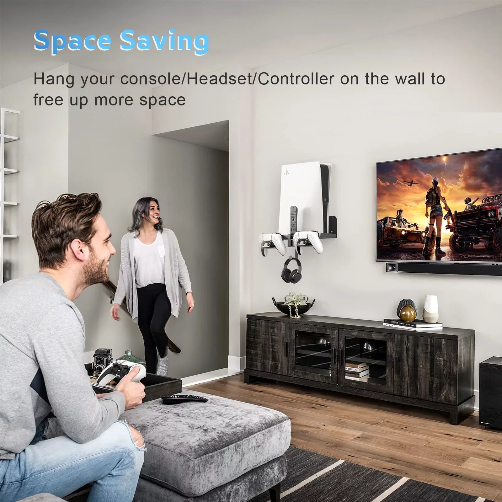 PS5 Wall Mount; 5 in 1 Playstation 5 Wall Mount (Disc and Digital Edition) Wall Bracket for Playstation 5 with Detachable Controller Holder & Headphone Hanger & Remote Control Bracket (Black)
