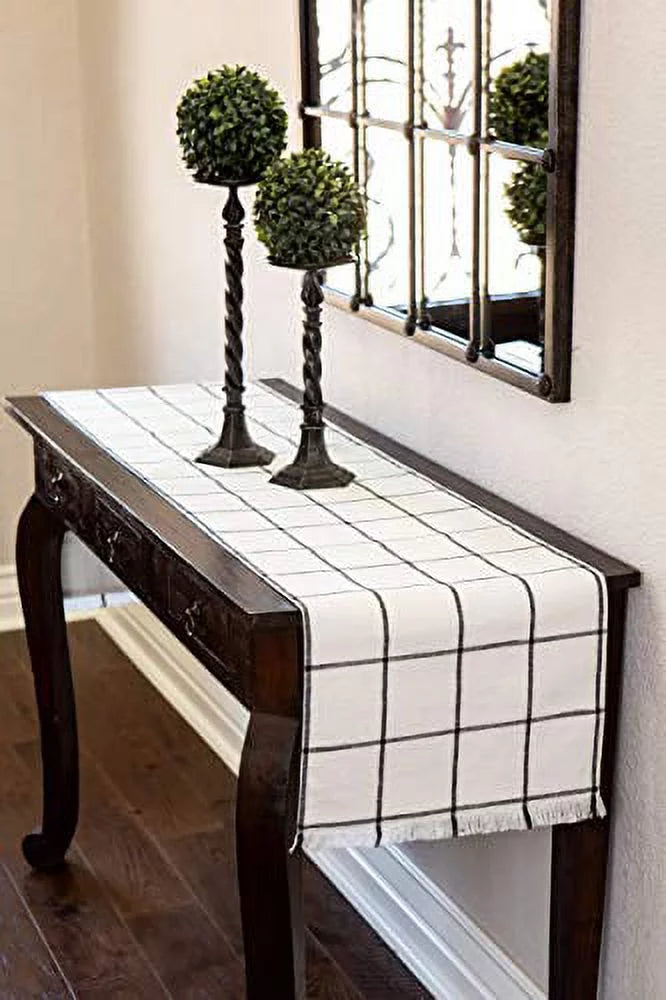 Sticky Toffee Table Runner Cotton Farmhouse Plaid 14 in x 72 in; Table Décor for Kitchen or Dining; Cream Cloth Woven Table Runners