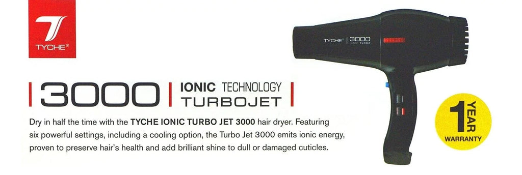 Tyche Turbo 3000 Black Professional Ionic Ceramic Tech Hair Dryer (1 Year Warranty) Dries Hair Fast Negative Ions; Infrared Hair Shine Electromagnetic Radiation Heat & Air Distribution Power