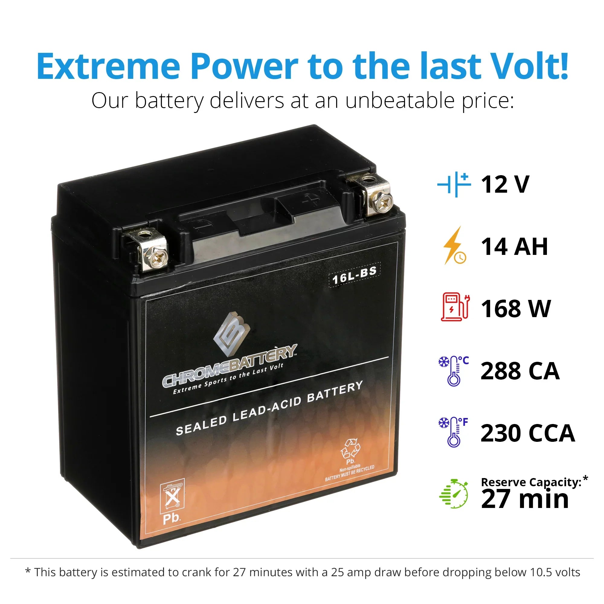 Chrome Battery YTX16L-BS (16L-BS 12 Volt;14 Ah; 230 CCA) Jet Ski Battery for Kawasaki 650cc Jf650 X2 1988