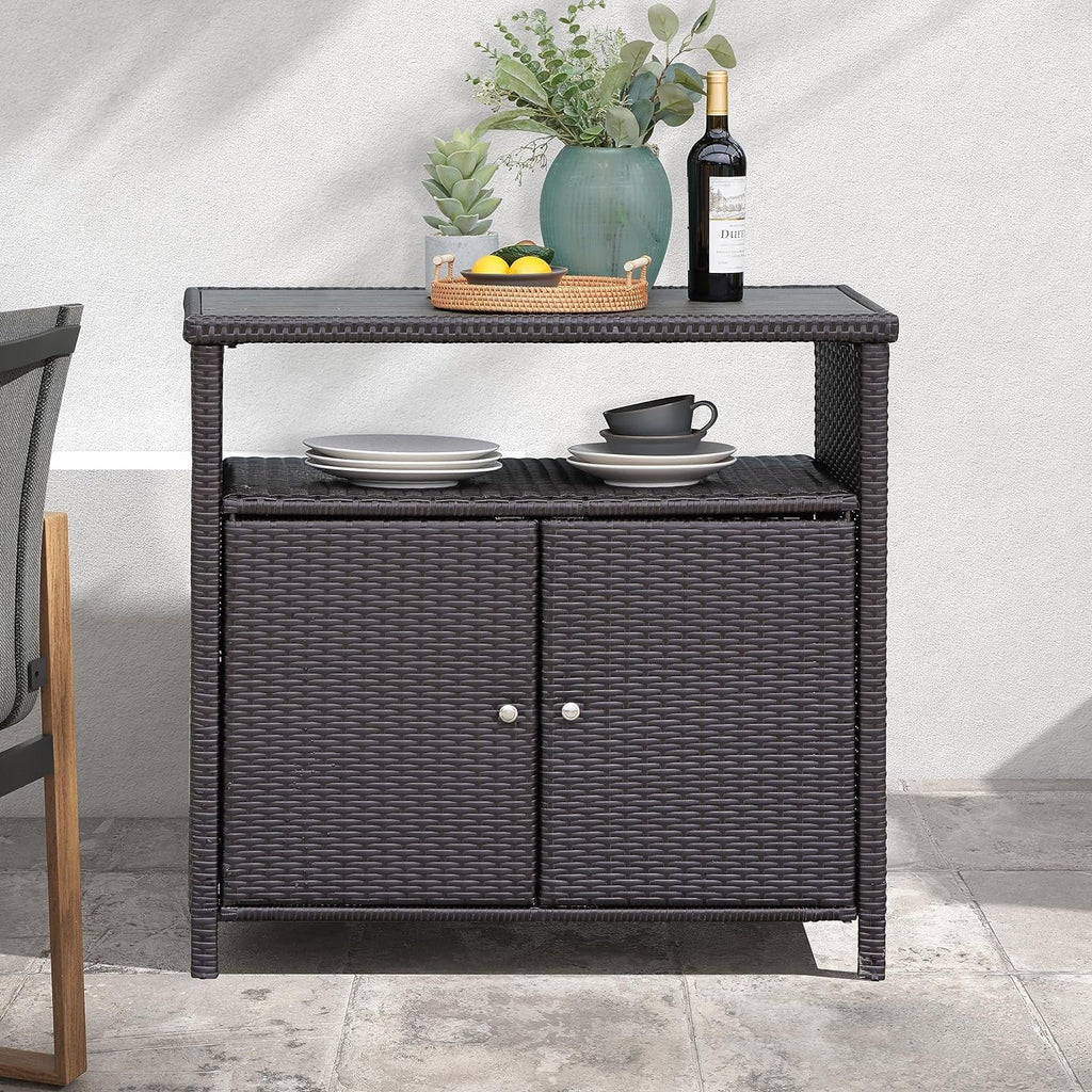 Indoor Outdoor 2-Door Wicker Storage Cabinet with Shelf; Powder Coated Steel; All Weather Resin Wicker; Dark Brown