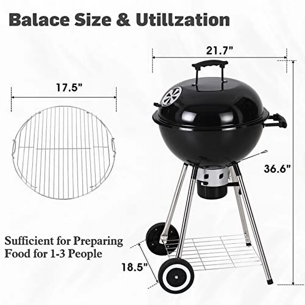 Sophia & William 18-inch Kettle Charcoal BBQ Grill with Porcelain-Enameled Lid and Bowl; Chromeplated Grate; Ash Catcher for Outdoor Picnic BBQ Patio Camping; Black