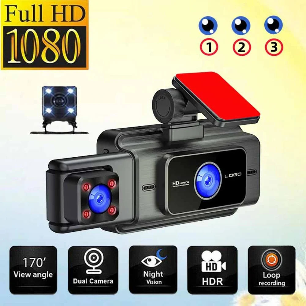 3 Channel Dash Cam Front and Rear Inside; 1080p 3 footes 170° Wide Angle Dashcam; Dash Camera for Cars with 128GB Card; Super Night Vision; G-Sensor; Motion Detection