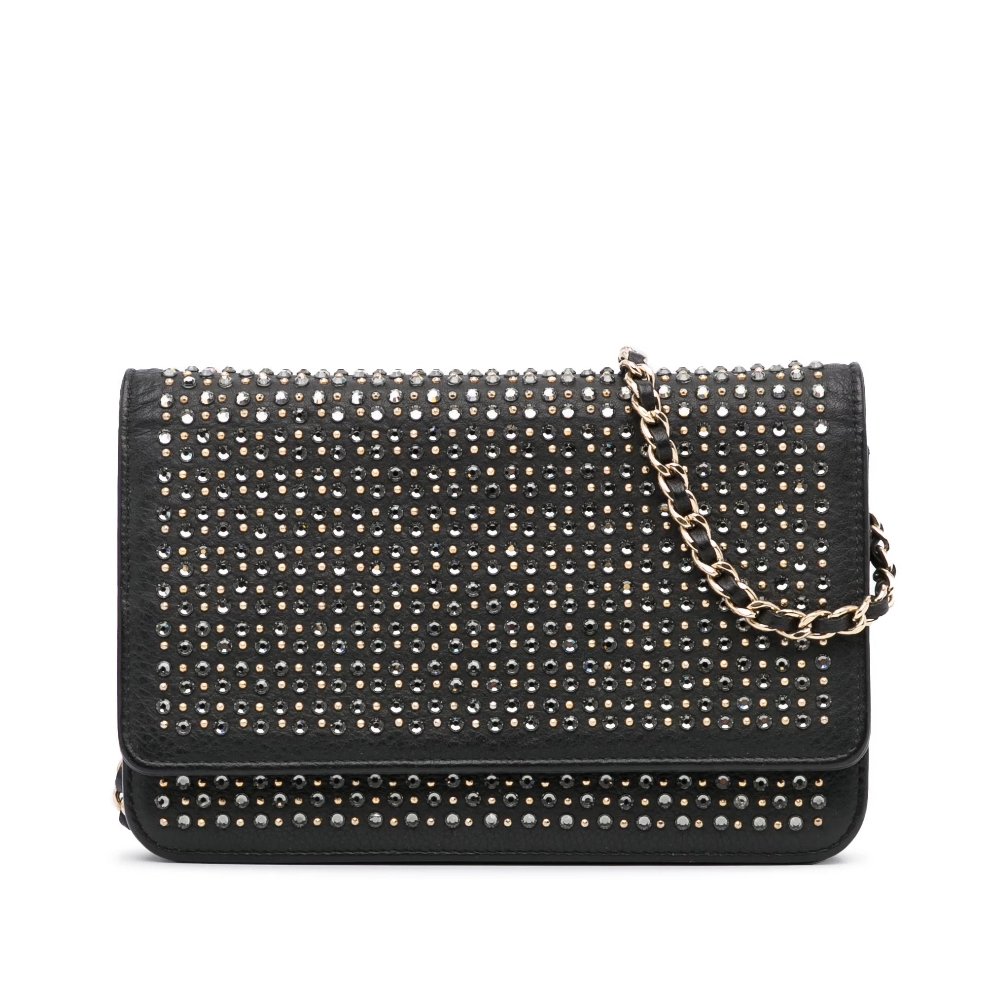 Pre-Owned Authenticated Chanel Studded Wallet on Chain Calf Leather Black Crossbody Bag Unisex (Good)