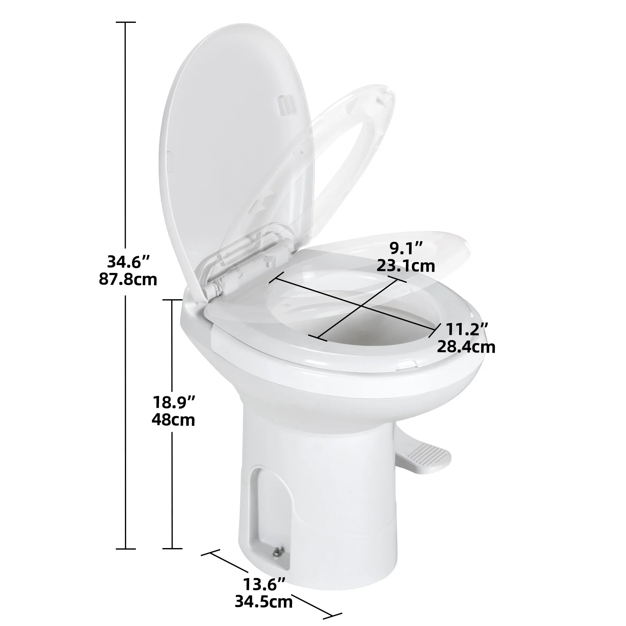 Dextrus Portable RV Toilet with Pedal Flush; Gravity Flush Toilet High Profile for Caravan Travel; Camping; Boating; White