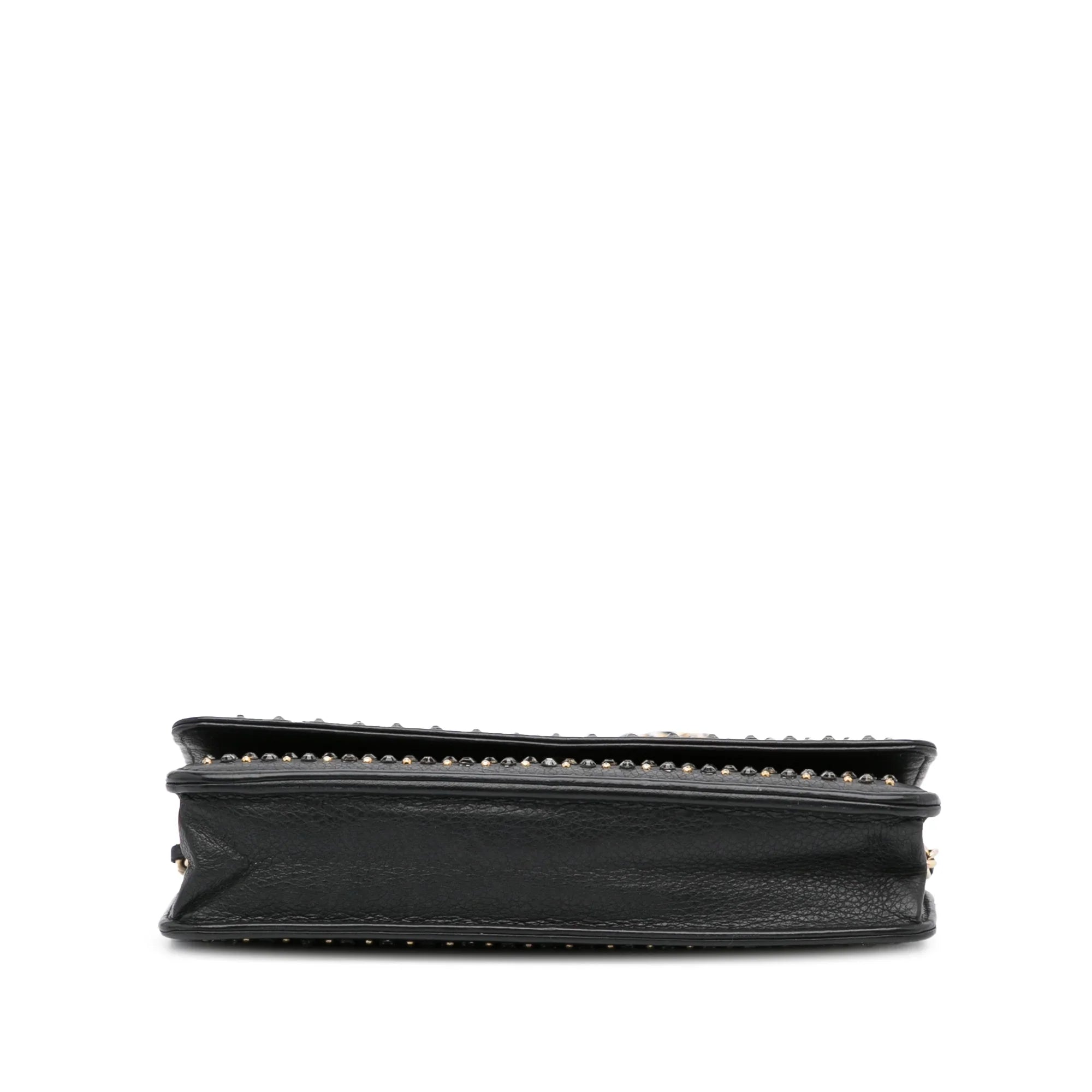 Pre-Owned Authenticated Chanel Studded Wallet on Chain Calf Leather Black Crossbody Bag Unisex (Good)