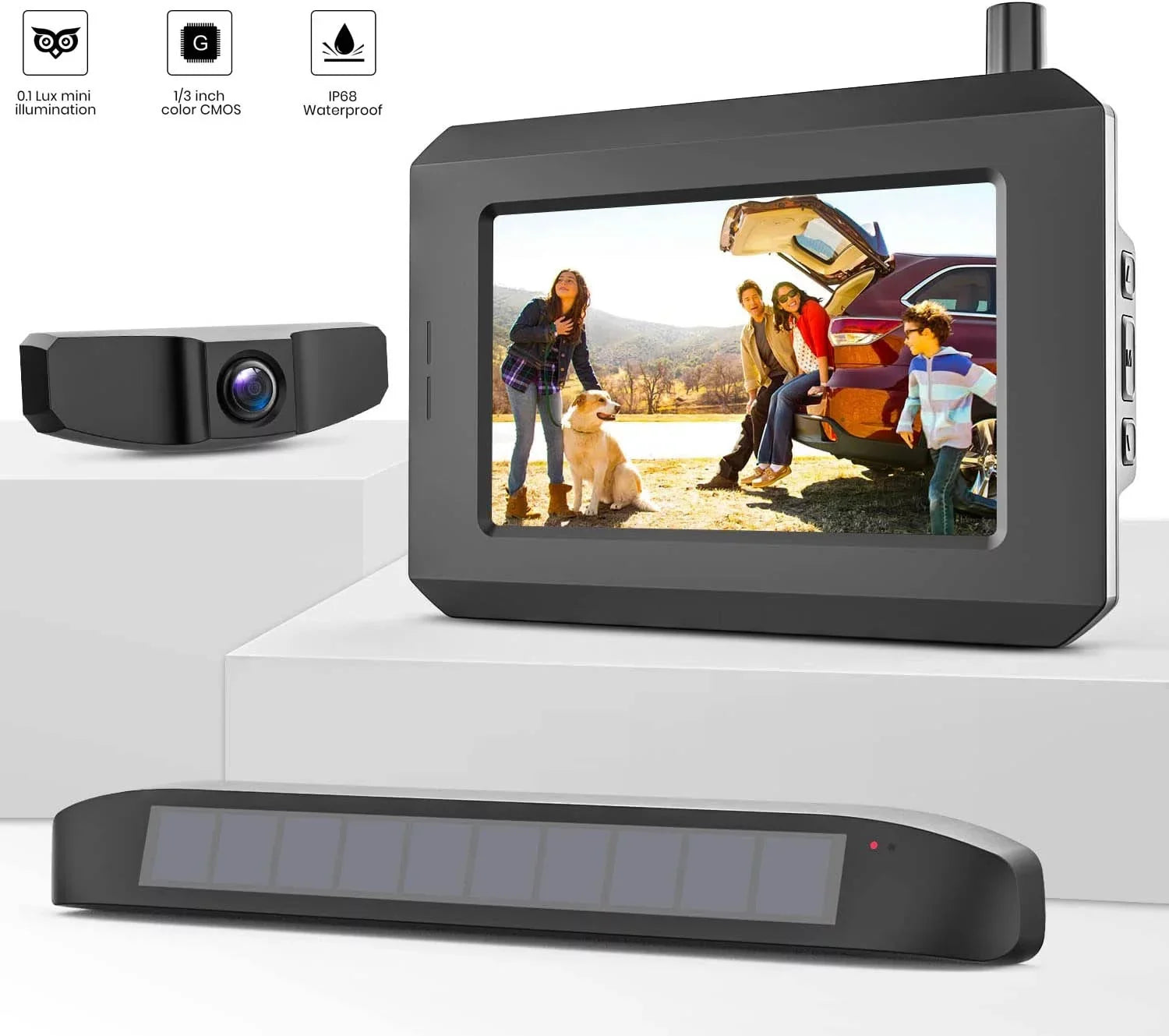Solar Wireless Backup Camera for Trucks;3 Mins DIY Installation with Digital Signal ;Liquidproof Reverse Hitch Trailer Rear View Camera for Car;Truck;Small RV(SunGo Pro)
