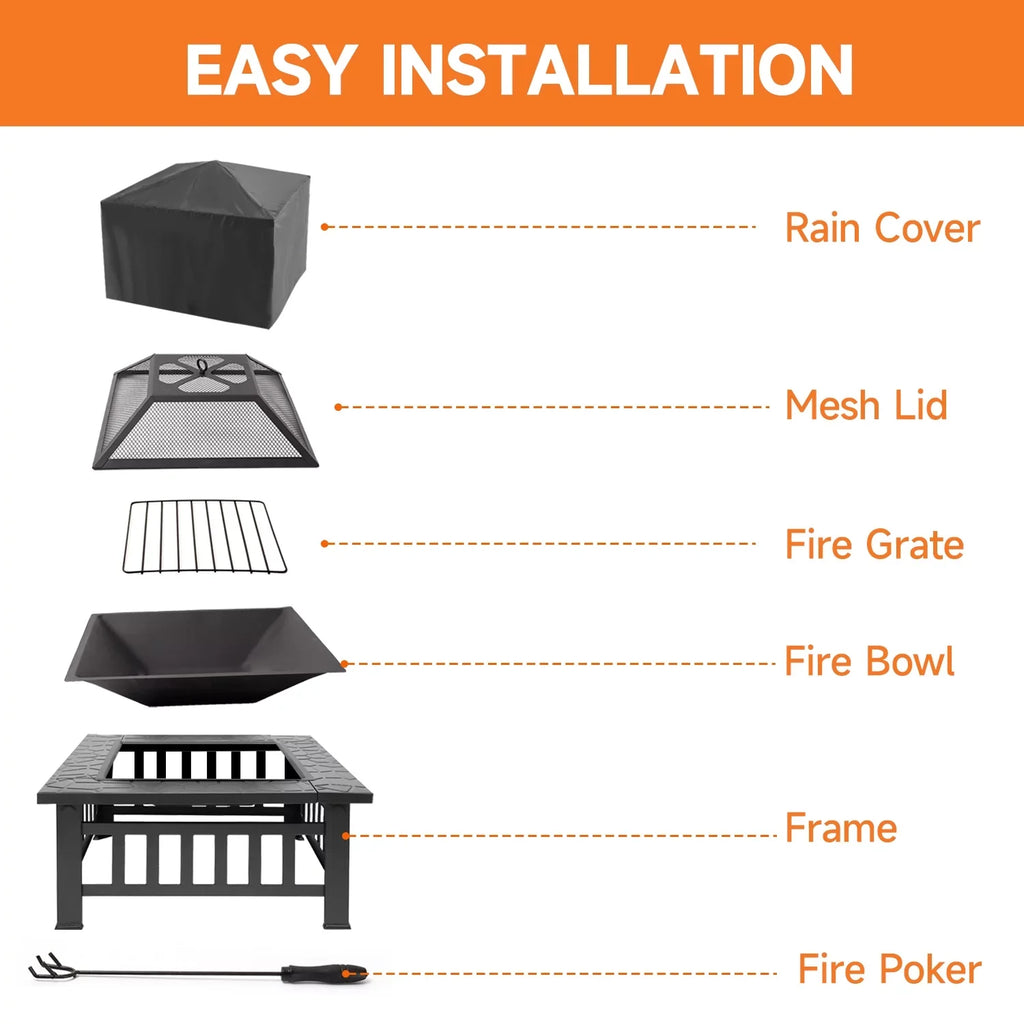 GSE Games & Sports Expert 32" Heavy Duty Square Patio Wood Fire Pit Table with Spark Screen Cover; Log Grate; Liquidproof Cover and Fire Poker for Outdoor Backyard; Garden; Bonfire