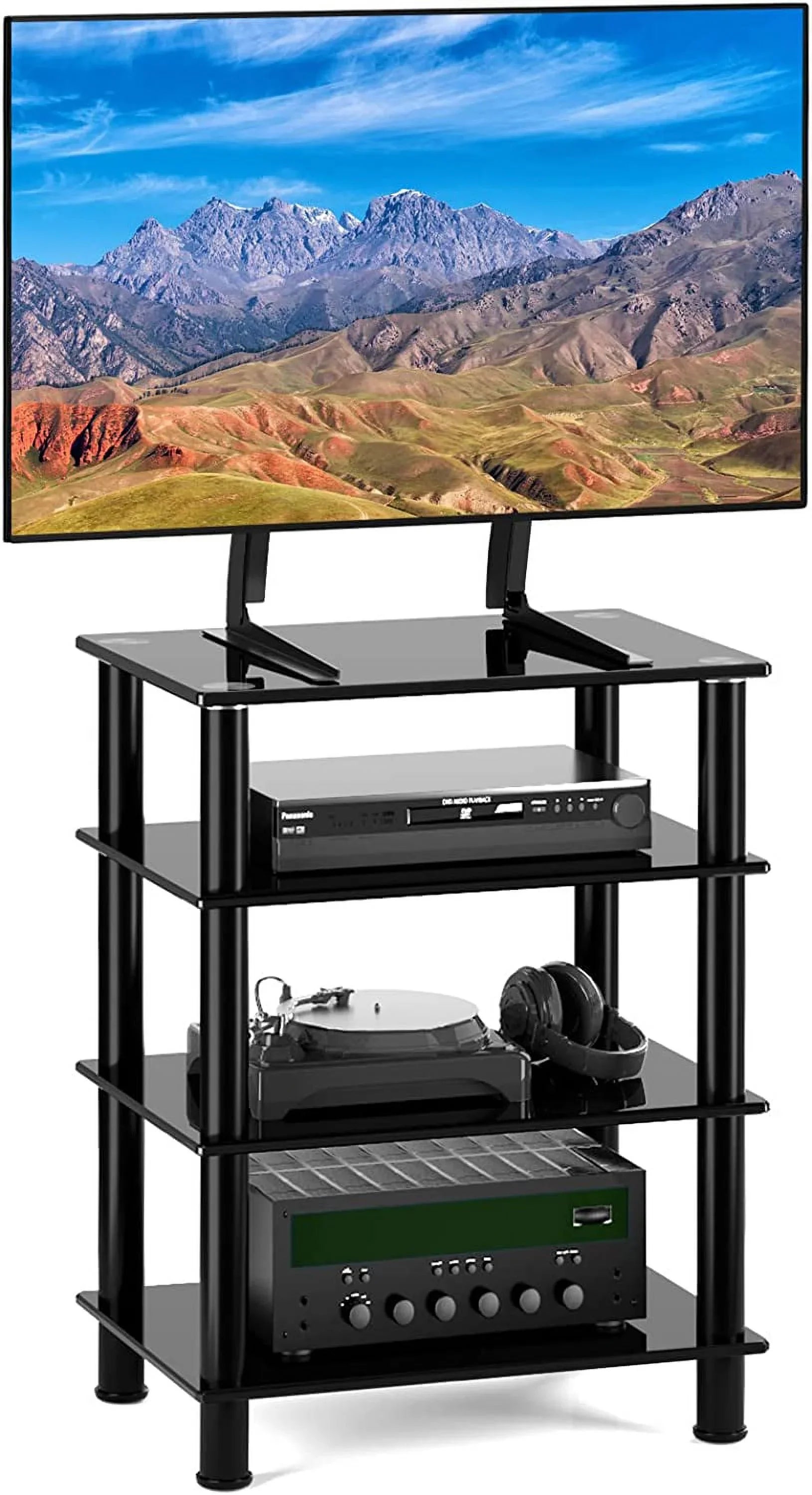 4-Tiers Media Compontent TV Stand Video Tower Tempered Glass Shevles for TV; Gaming Consoles; Media Component; Streaming Device