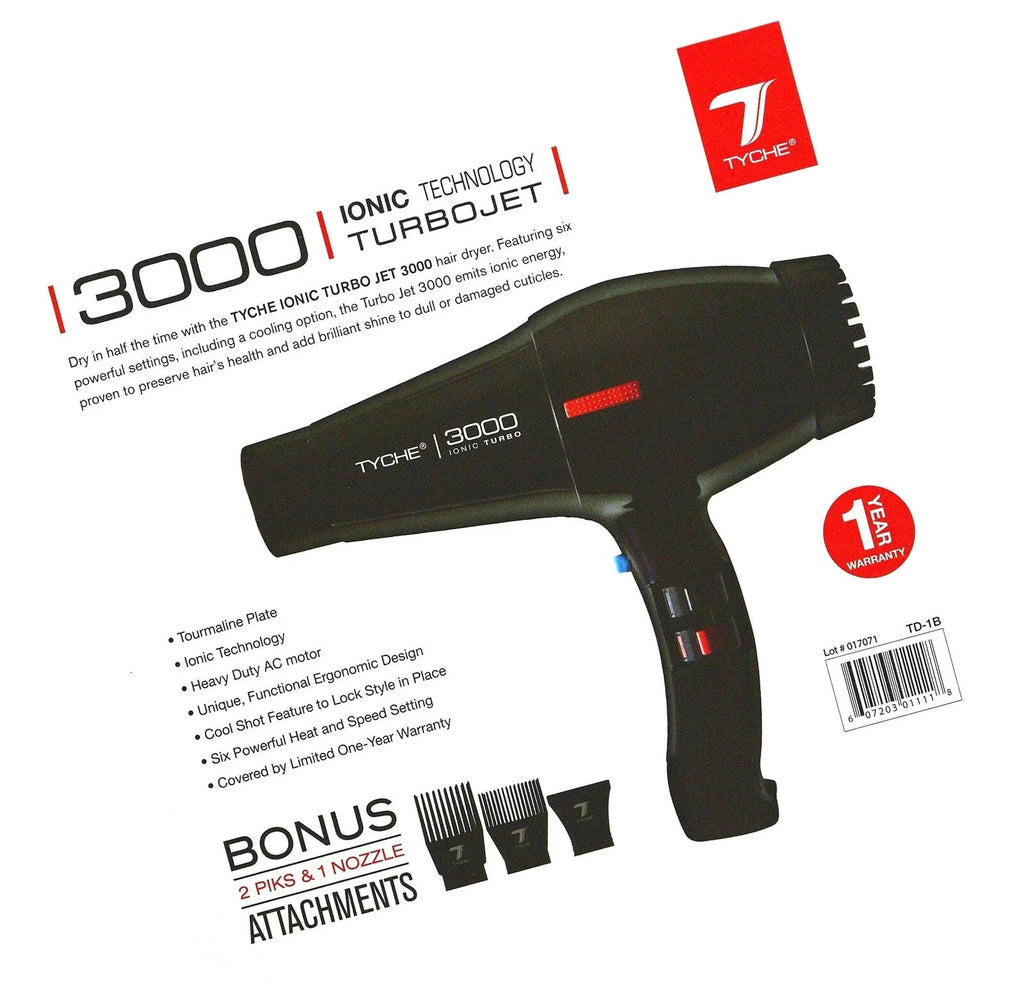Tyche Turbo 3000 Black Professional Ionic Ceramic Tech Hair Dryer (1 Year Warranty) Dries Hair Fast Negative Ions; Infrared Hair Shine Electromagnetic Radiation Heat & Air Distribution Power