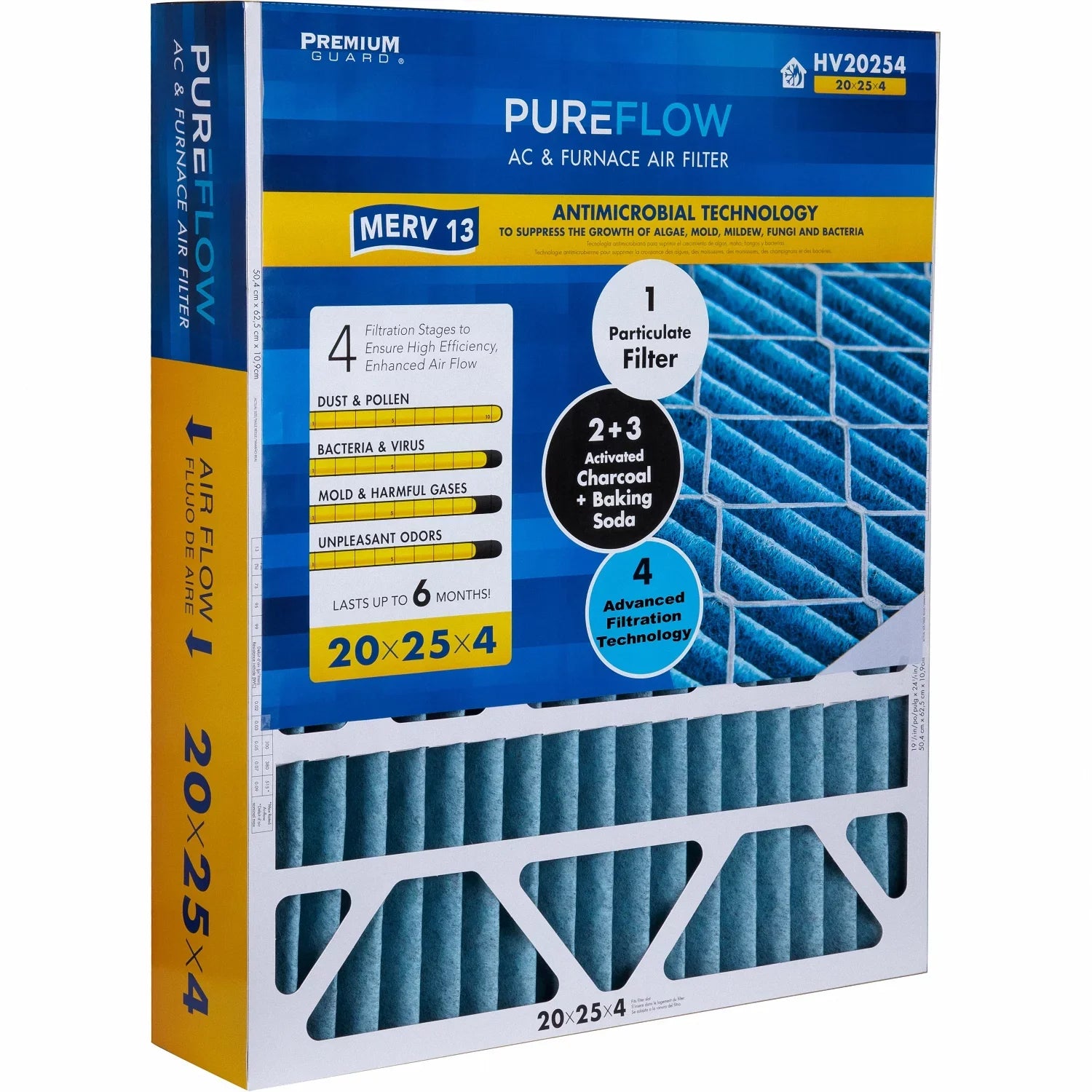 PureFlow; Home Furnace Air Filter 20x25x4; with 4 Layers of Advanced Filtration Technology; MERV-13 Pack-of-2