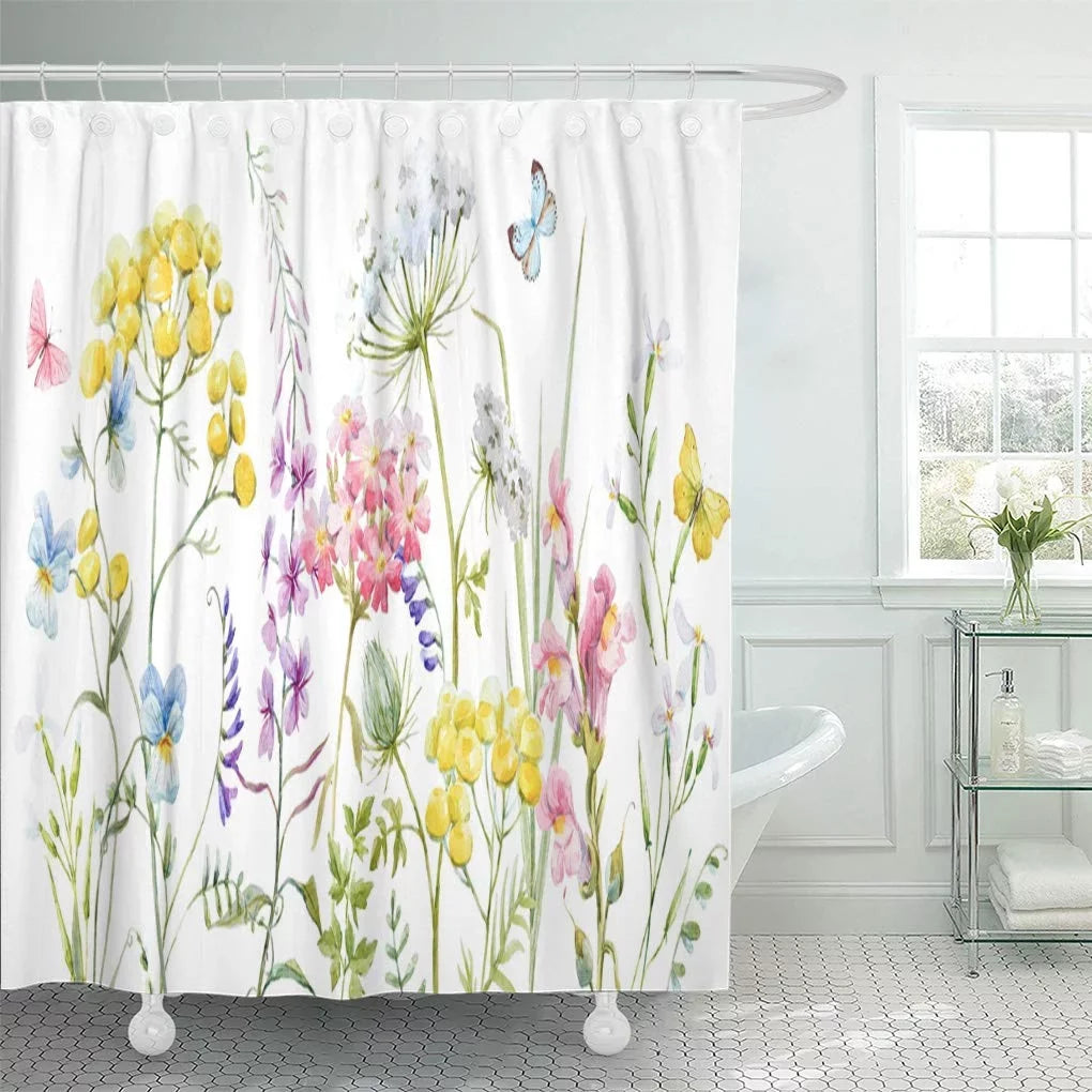 Libin Fluidcolor Wildflowers Tansy Yellow Buttercup Blue Pansies Tender Pink Shower Curtain 66x72 inch