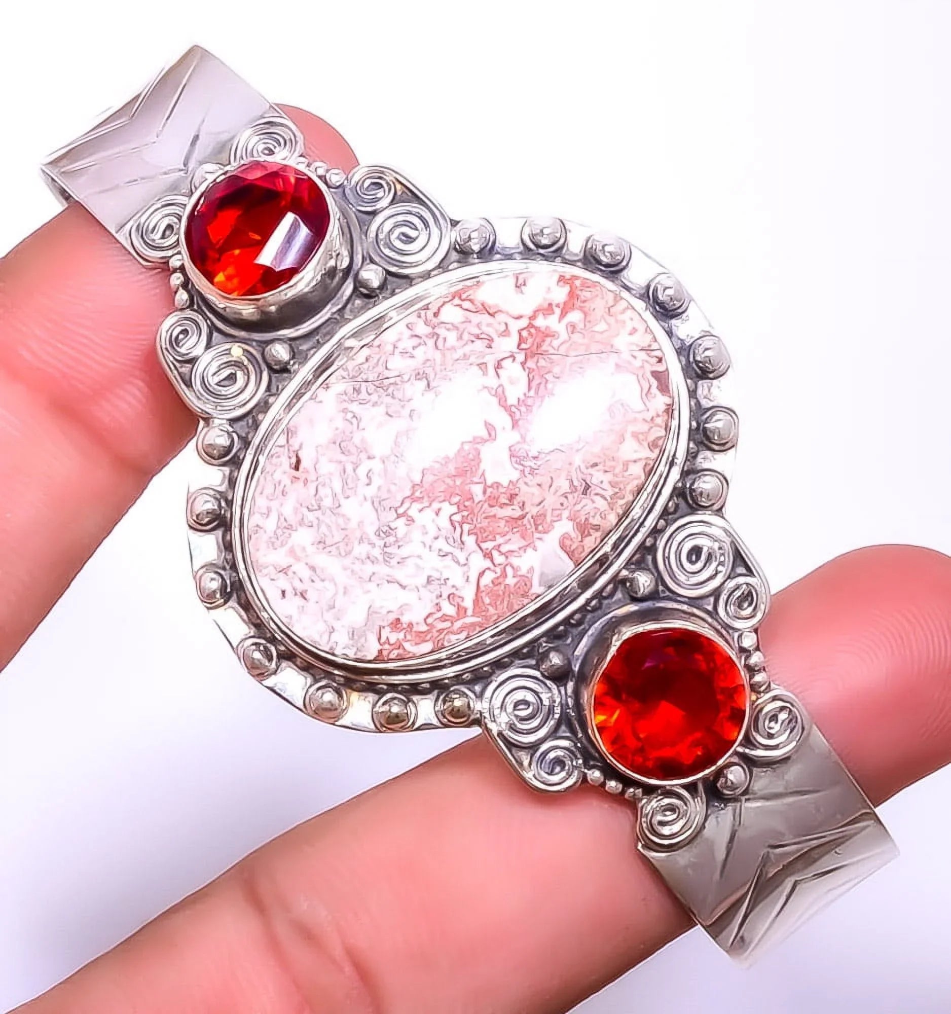 Rosetta Jasper & Garnet 925 Silver Plated Bali Cuff Adst. T946 C6176-12; Valentine's Day Gift; Birthday Gift; Beautiful Jewelry For Woman & Girls